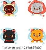 Four cartoon cat faces, each a different color, displayed against a white background with abstract shapes.  Each cat has large eyes and a collar.