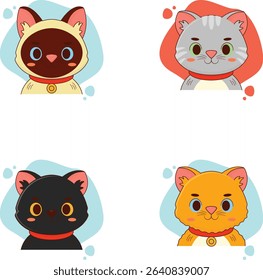 Four cartoon cat faces, each a different color, displayed against a white background with abstract shapes.  Each cat has large eyes and a collar.
