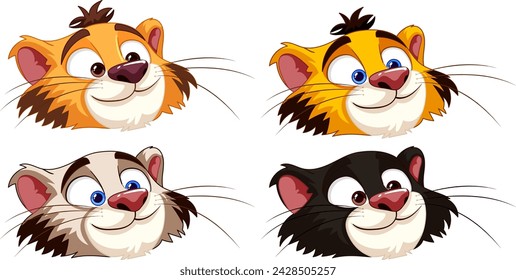 Vier Katzengesichter zeigen verschiedene Emotionen.