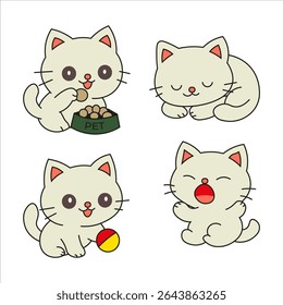 Four cartoon cats in different poses: eating from a pet bowl, sleeping, playing with a ball, and yawning, all with cute and simple designs.