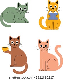 Four cartoon cats engaged in different cute daily activities isolated image