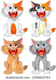 Four cartoon cats with open mouths and sharp teeth, isolated on a white background