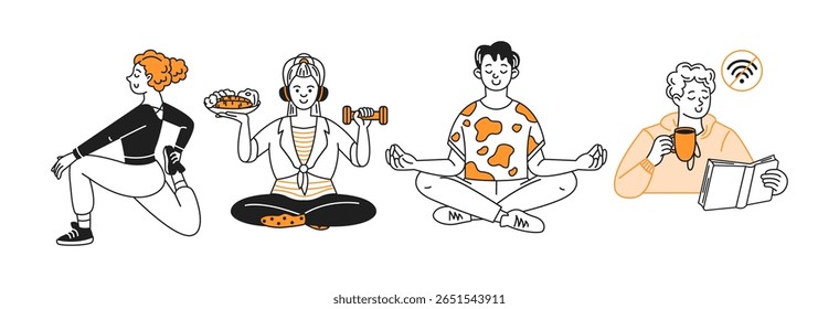 Quatro personagens de desenho animado estão envolvidos em várias atividades. Uma é esticar, outra segurar comida e pesos, outra meditar e outra beber café e ler um livro. Fundo simples.