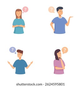 Quatro personagens de desenhos animados com pontos de interrogação indicando perplexidade, tomada de decisão ou curiosidade