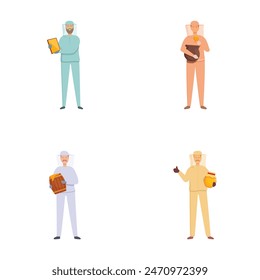 Cuatro personajes de dibujos animados que representan diferentes profesiones con sus herramientas