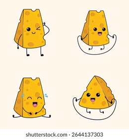 Four cartoon cheese slices with different expressions and actions, like jumping rope and winking.  They have a friendly kawaii style, and the cheese slices are a bright yellow.