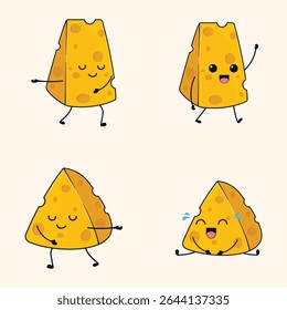 Quatro fatias de queijo de desenho animado em poses diferentes, com faces e membros expressivos.  As fatias de queijo são simples, com uma aparência caricatural, e são apresentadas em diferentes posições.