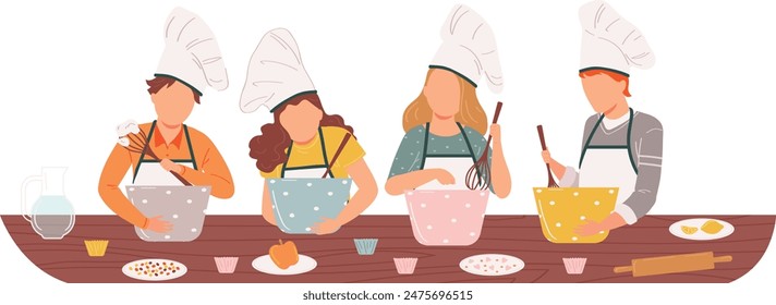 Four cartoon chefs cooking together, preparing food wearing aprons chefs hats. Illustration diverse kitchen staff mixing ingredients bowls wooden table. Cute characters culinary setting cooking