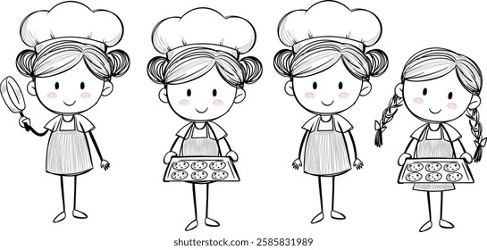 Four cartoon chefs happily baking delicious treats