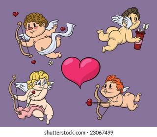 Four cartoon cherubs. All in different layers, background can be taken out.