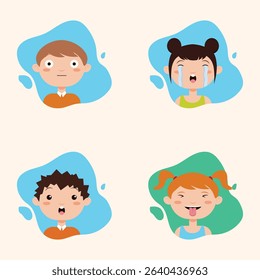 Four cartoon children with different facial expressions, including surprise, sadness, and happiness, displayed in a repeating pattern on a light background.