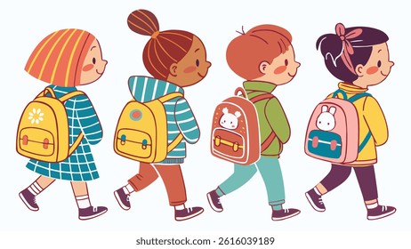 Four cartoon children, diverse in skin tone, are walking to school with colorful backpacks and clothes.