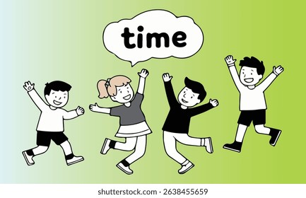 Four cartoon children joyfully jumping with arms raised, with a speech bubble above them containing the word 'time'.

