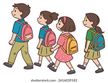Four cartoon children in school uniforms, each carrying a backpack, walking in a row.