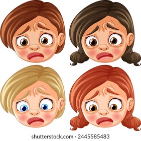 Four cartoon children showing worried expressions.