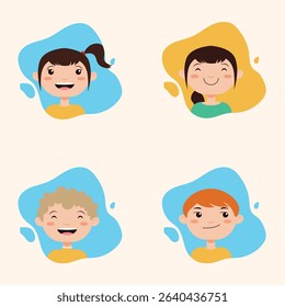 Four cartoon children's faces in different colors of clothing, with varied hair styles, all displayed with happy expressions. Each face is positioned within a light-blue or light-yellow abstract shape