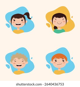 Four cartoon children's faces in different colors of clothing, with varied hair styles, all displayed with happy expressions. Each face is positioned within a light-blue or light-yellow abstract shape