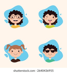 Four cartoon children's portraits, with differing hairstyles, expressions, and accessories such as glasses and sunglasses. The images are set against light blue and light beige backgrounds.