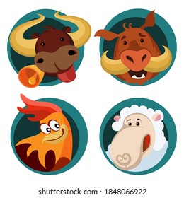 Four cartoon Chinese zodiacs: bull, sheep, rooster and boar. Vector illustration of cute animals isolated on white background. Icons.