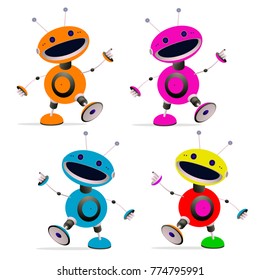 Four cartoon colored pink, blue, orange and multi-colored robots come with a raised hand vector isolate on a white background