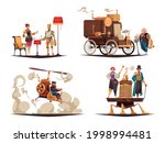 Four cartoon compositions with steampunk characters and vintage cars isolated on white background vector illustration