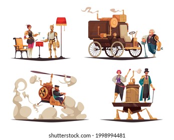 Four cartoon compositions with steampunk characters and vintage cars isolated on white background vector illustration