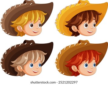 Four cartoon cowboys with different hair colors