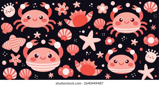 Four cartoon crabs, seashells, starfish, and coral in coral and pink tones against a dark background.