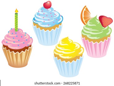 Four Cartoon Cupcakes Sugar Icing Fruit Stock Vector (Royalty Free)  268225871