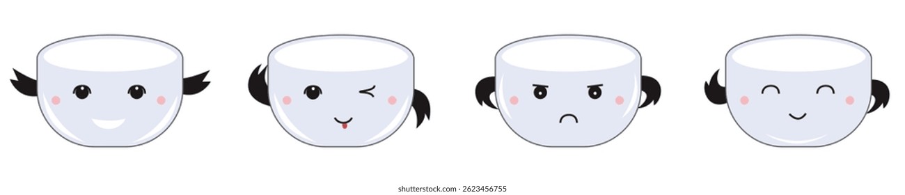Four cartoon cups with expressive kawaii faces.