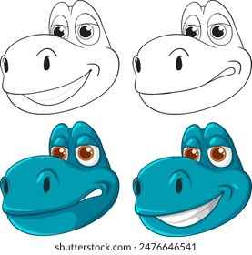 Four cartoon dinosaur faces with different expressions