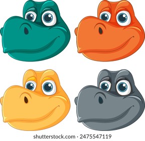 Four cartoon dinosaur heads in different colors