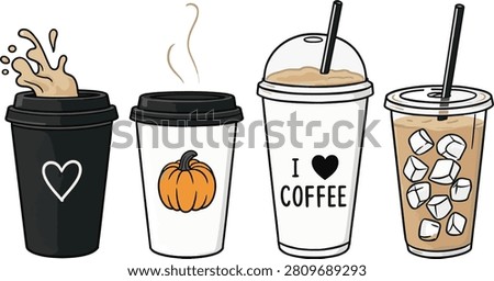 Four cartoon disposable cups with different coffee drinks and designs on white background