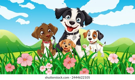 Four cartoon dogs enjoying a sunny floral landscape.