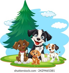 Four cartoon dogs enjoying time together outdoors