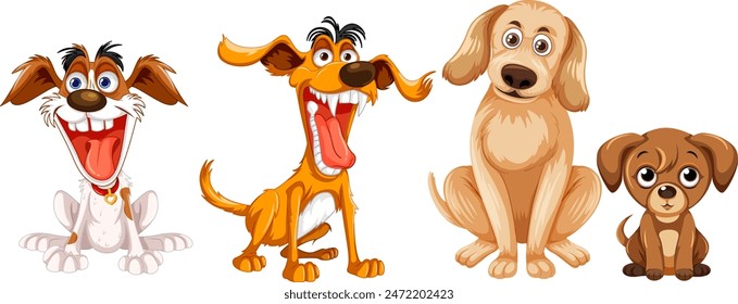 Four cartoon dogs with joyful expressions