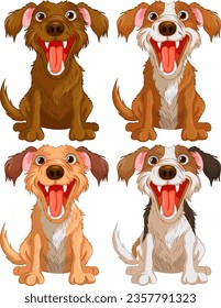 Four cartoon dogs with open mouths and sharp teeth isolated on a white background