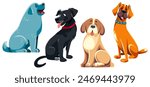 Four cartoon dogs in row, blue Newfoundland, black Labrador Retriever, Saint Bernard, orange Boxer