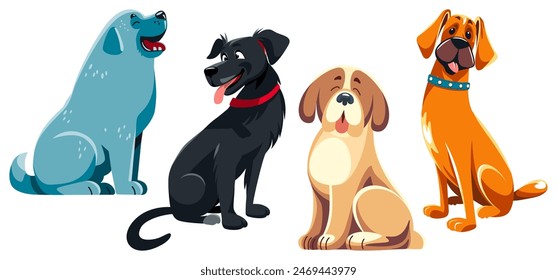 Four cartoon dogs in row, blue Newfoundland, black Labrador Retriever, Saint Bernard, orange Boxer