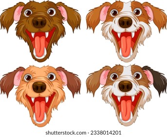 Four cartoon dogs with smiling faces and sharp teeth are shown in the image
