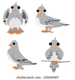 Four cartoon drawings of pigeons