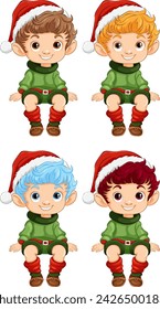 Four cartoon elves with different hair colors.