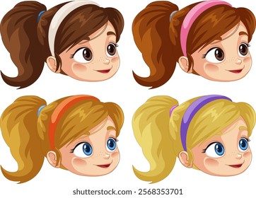 Four cartoon faces with different hair colors