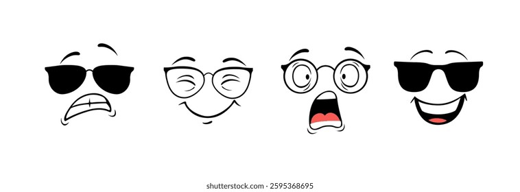 Four cartoon faces show emotions like joy, surprise, worry, and happiness with fun expressions.
