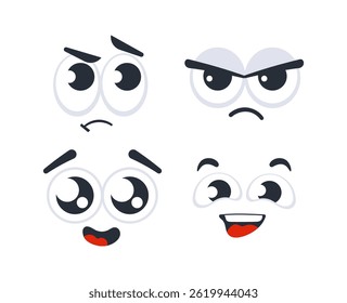 Four cartoon faces showing different emotions, from sadness to happiness