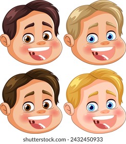 Four cartoon faces showing happiness and astonishment