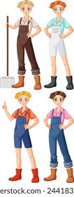 Four cartoon farmers in various work outfits.