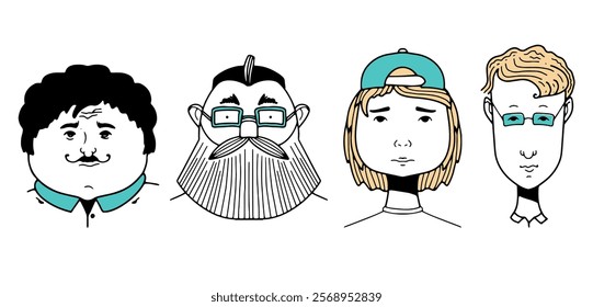 Four cartoon flat characters: a man with a mustache and glasses, a man with short blond hair wearing a baseball cap, a young man, a man with curly hair. vector. The background is white