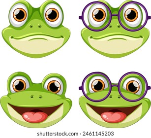 Cuatro ranas de dibujos animados con caras expresivas y gafas