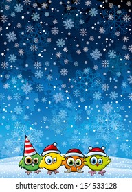 Four cartoon funny birds on a snowflakes background. 